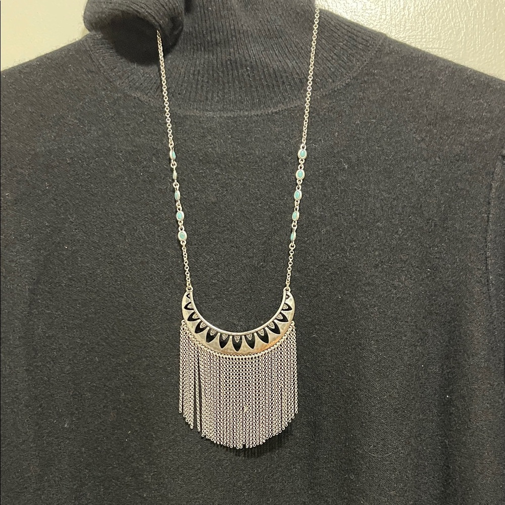 Lucky Brand Silver, Rhinestone and  Turquoise Fringe Necklace 22”